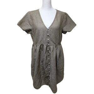 Madewell Linen Blend Button Front Pockets Mini Dress Olive Short Sleeve V-Neck M